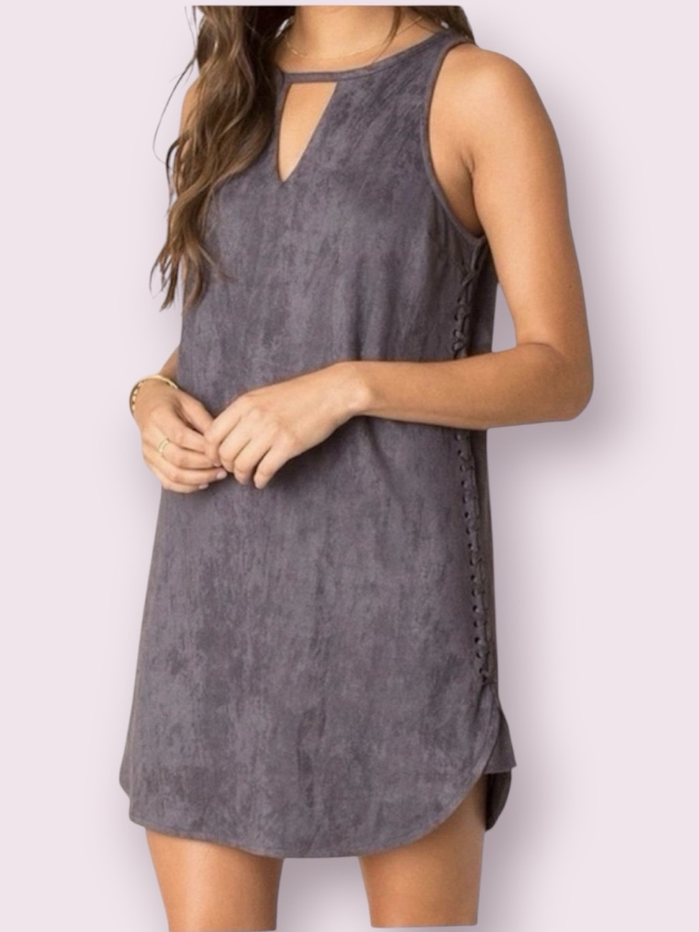 Black Swan Faux Suede Sleeveless Slip Dress Lace-Up Sides Cut Outs Charcoal Gray